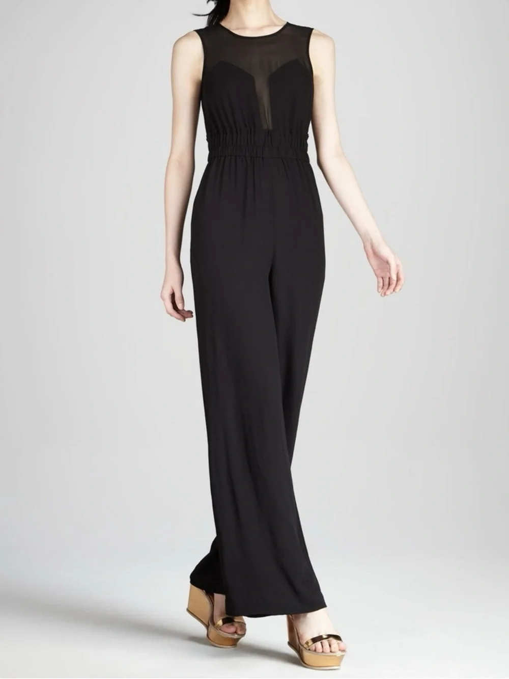 BCBGMaxAzria Kiara Black Sleeveless Wide-Leg Jumpsuit with sheer top